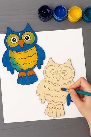 Baykuş 10 Adet Ahşap Boyama Etkinlik Seti Eğitici Çocuk Aktivite + Fırça + Akrilik Boya Kreş Okul