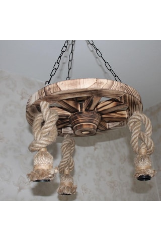 Otantik Çarşı Ahşap Halatlı Teker Avize 40 Cm. 3'lü Eskitme Ağaç