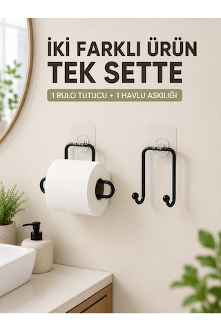 Pratik Yapışkanlı Rulo Kağıtlık Ve Havlu Bez Askılığı 2 Parça Düzenleyici Set siyah