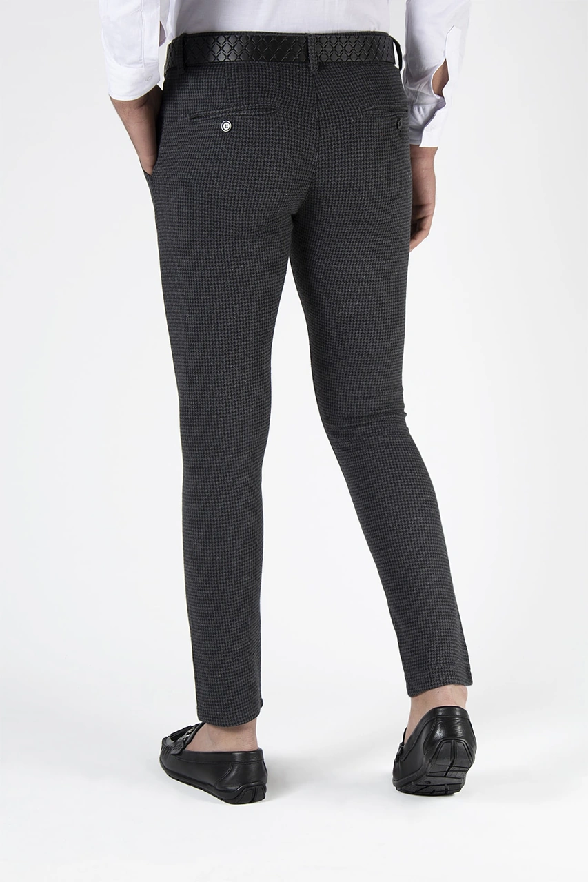 Veaven Erkek Füme Slim Fit Nokta Dokulu Italyan Kesim Keten Pantolon Koyu Füme