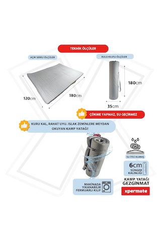 Xpermate Gezginmat Kamp Yatağı Çift Kişilik Taşıma Çantalı Kamp Matı 120 x 180 x 6 CM Antrasit