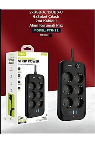 Blic Ftr-11 Termal Akım Korumalı 6 Priz 3 Usb Girişli 2 Metre Uzatma Kablolu Priz 0.2 M
