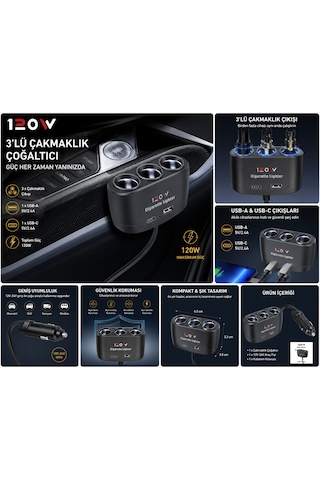 Araç Çakmaklık Çoklayıcı 12 - 24 Volt 3 Lü 1 Adet