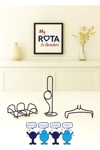 Servis Sunum Seti, Rota Kağıt Havluluk, Kare Peçetelik, Üçgen Nihale, Üçlü Set, Paslanmaz Çelik Tel Siyah