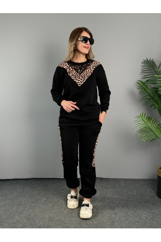 Modaserdem Kadın Üç Iplik Kumaş Leopar Desenli Dantel Detaylı Ikili Takım Siyah