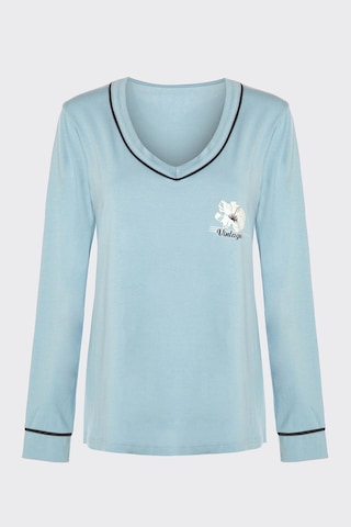 Kadın V Yaka Çiçek Desenli Ara Biyeli Uzun Kollu Pamuklu Pijama Takımı Ko70141 Mavi - Beyaz