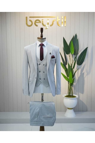 Beystil Sivri Yaka Açık Gri Takım Elbise Elanor - Slim Fit Açık Gri