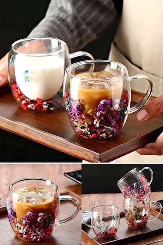 4'lü Çift Cidarlı Çiçekli Bardak Kahve Çay 250ml Bardağı El Yapımı Kulplu Borosilikat Cam Bardağı