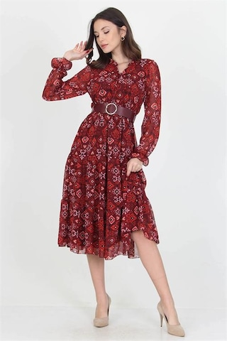 Neşeli Butik Kadın Kemerli Yakası Bağlama Detaylı Desenli Şifon Elbise Rssn02 Bordo