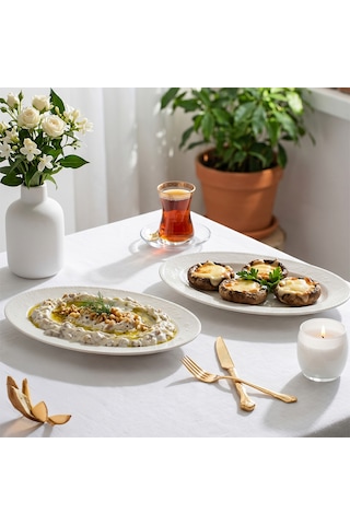 Porsima 4456 Burçak Porselen Kayık Tabak Seti - Oval Kahvaltılık Sunumluk Seti 30cm Beyaz