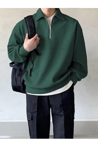 Genıus Store Erkek Polo Yaka Oversize Sweatshirt Yarım Fermuar Sweatshirt Oversıze-sweatshırt Yeşil