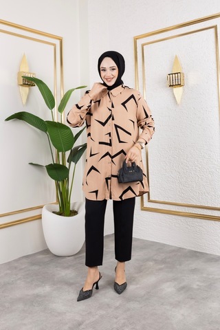 Hira Life Fashion Kadın Tesettür Giyim Ve Spor Giyime Uygun Düğme Detaylı Şık Desenli Dokuma Viskon Gömlek-tunik Vizon VİZON