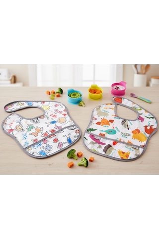 Yorni 2 Adet Ekonomik Set 6-24 Ay Zoo Ve Family Desen, Sıvı Geçirmeyen, Cepli, Cırtlı Mama Önlüğü, Önlük Beyaz