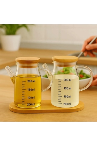 Mini Yağdanlık Ve Sosluk Seti, Bambu Stantlı Ve Vakumlu Bambu Kapaklı, 2'li 200 Ml Salata Seti Ahşap