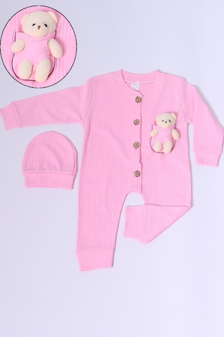 Hçm Bebek Tulum Şapka Hediyeli Düğmeli Ayıcık Detaylı C32 Pembe