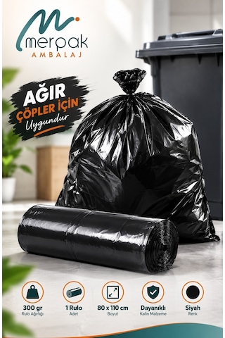 Kalın Çöp Torbası 10'lu Boy 300 Gr X 1 Rulo Siyah Çöp Poşeti 80x110 Cm