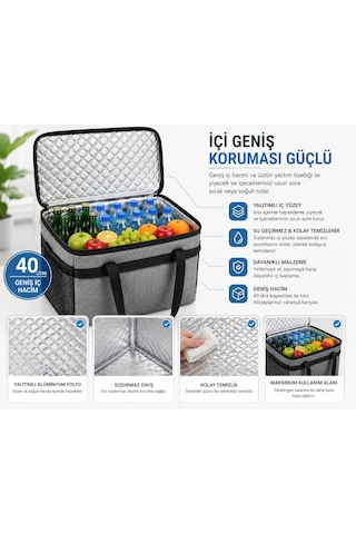 40l Termos Çanta Büyük Boy Soğuk Sıcak Yalıtımlı Piknik Kamp Çantası Açık Gri