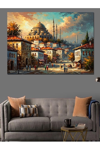 Ahşap Tablo Gün Batımı İstanbul Camii Ve İnsanlar Çocuk Odası Tabloları