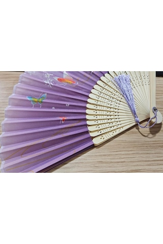 Beluga Yelpaze Bambu Kumaş Serinletici Vintage Şık Dekorasyon Lila Püsküllü Japon Yelpaze 0358