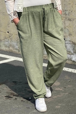 Mia Butik Büyük Beden Yeşil Beli Lastikli Keten Pantolon Yeşil