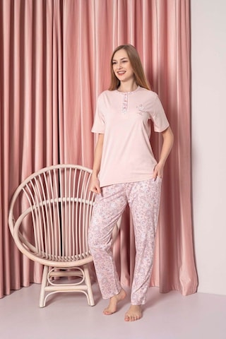 Ahengim Kadın Pijama Takımı Süprem Kısa Kollu Büyük Gül Desenli Pamuklu W3010 Pembe