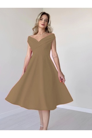 Defymoda Kadın Kısa Kollu Kruvaze Yaka Eteği Volanlı Krep Elbise Sütlü Kahve