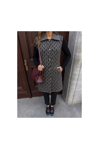 Onno Style Women Desenli Çelik Örgü Uzun Triko Kadın Yelek Kaban Gri