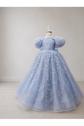 Star Kids Fashion Kız Çocuk Mavi Prenses Elbisesi Çiçek İşlemeli Tüllü Kabarık Kollu Doğum Günü Abiye Elbise