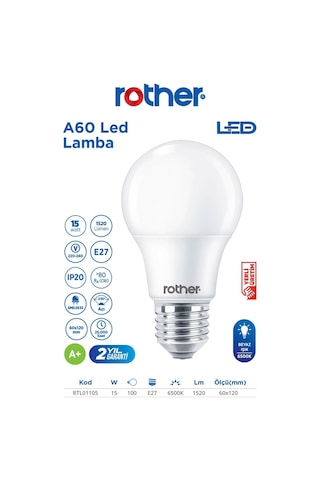 Rtl01105-5 Rother A60 Led Ampul 15w E27 1520 Lümen 6000k Beyaz Işık Enerji Tasarruflu Ampul 5 Adet
