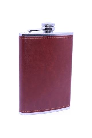 Kahverengi Deri Kaplama Paslanmaz Çelik Cep Matarası - Hip Flask 9 Oz