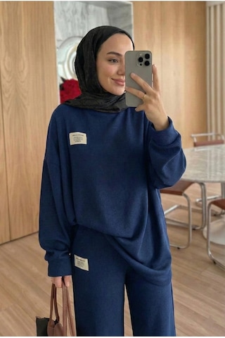 Unika Boutique Fitilli Armalı Detaylı Oversize Kaşkorse Basic Alt Üst Takım Lacivert