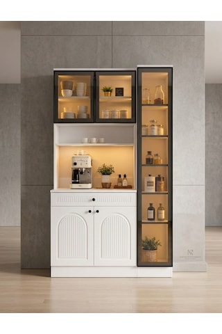 Premium Reflekte Camlı Membranlı Tamamen Mdf Kahve Köşesi Çok Amaçlı Dolap Kiler Mutfak Dolabı 125 Cm Beyaz