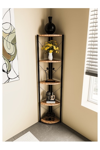 Alpa Ev Mobilya Üçgen Köşe Raf, 5 Raflı Metal Gövdeli Dekoratif Kitaplık, Çok Amaçlı Ünitesi Atlantik Çam