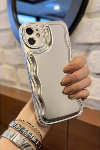 Apple Uyumlu iPhone 12 igzaglı Dalgalı Gümüş Puf Kılıf