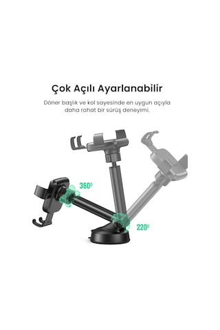 Ugreen Ayarlanabilir Kollu Araç İçi Vantuzlu Telefon Tutucu, Siyah, 60990b