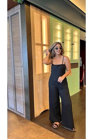 Soonaksesuar Kadın Askılı Yandan Fermuarlı Geniş Paçalı Valencia Tulum Siyah