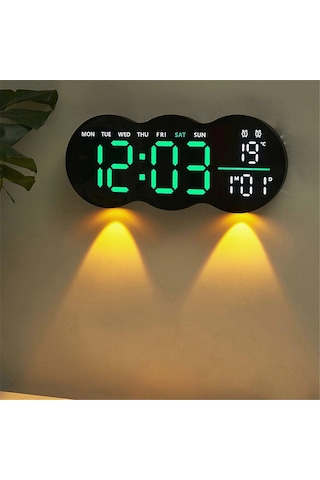 Etashop Uzaktan Kumandalı Bulut Led Duvar Saati Ortam Işıklı Büyük Dijital Ekran Çift Alarm Sıcaklık Siyah
