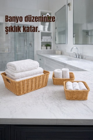 3'lü Kare Kulplu Hasır Sepet Seti - Çok Amaçlı Dekoratif Düzenleyici Kahverengi