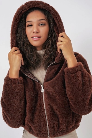 Defymoda 5193 Kapüşonlu Peluş Crop Ceket - Kahverengi Kahverengi