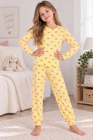Free Beka Desenli Bisiklet Yaka %100 Pamuklu İnterlok Kumaş Kız Çocuk Uzun Kollu Pijama Takımı Sarı
