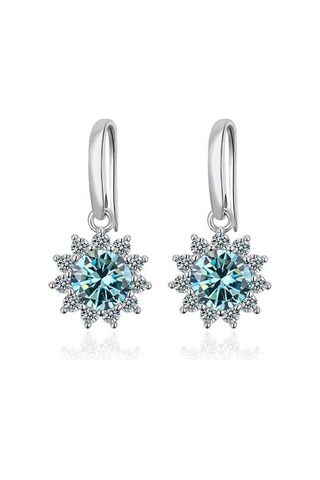 Mavi Bagueringen Kadın Ayar Gümüş 925 Takı 1 Karat Mozanit Pırlanta Damla Küpe Ayçiçeği Şekilli Kulak Damlası Hediye