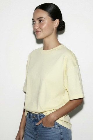 Feg Store %65 Pamuklu Kadın Oversize Sarı Fit Bisiklet Yaka T-shirt