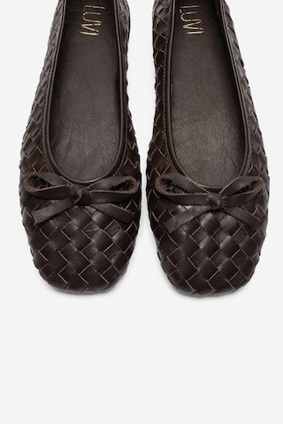 Luvi Shoes Garen Kahverengi Örgü Hakiki Deri Fiyonklu Kadın Babet Ayakkabı