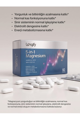 Longify 5-in-1 Magnesium Magnezyum Bisglisinat, Sitrat, Malat, L-treonat, Taurat Ve Taurin 60 Tablet