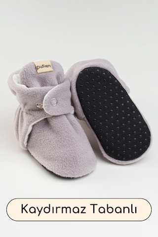 Organik Pamuk Astarlı, Bebek İlk Adım Ayakkabısı, Kaydırmaz Taban, Bebek Pandufu, Bej Patik Gri
