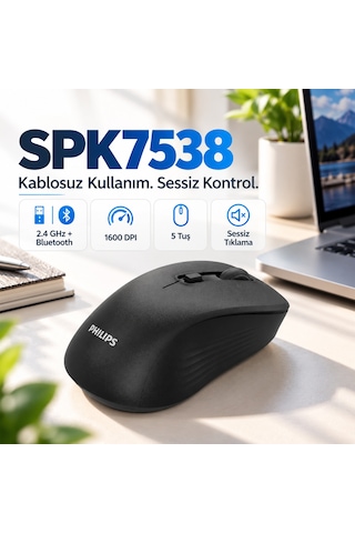 Philips SPK7538 Kablosuz Bluetooth 1600 DPI 5 Tuşlu Sessiz Mouse