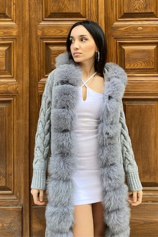 Lava Design Kürklü Triko Hırka - Uzun Triko Hırka - Kadın Triko Hırka Örgülü Gri gri
