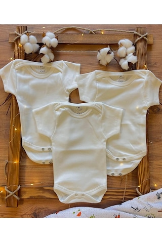 Betül Bebek Kısa Kollu 3'lü %100 Organik Pamuk Çıtçıtlı Bebek Body & Zıbın 3adet Ekru