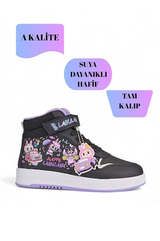 Nese Shoes Labu Labu Baskılı Bilekli Kız Çocuk Spor Ayakkabısı Sneaker Siyah-mor