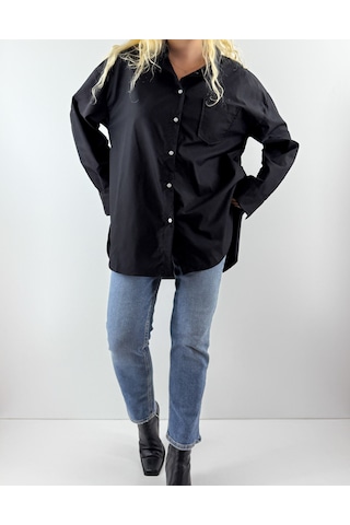 Modaonna Siyah Oversize Poplin Gömlek Siyah